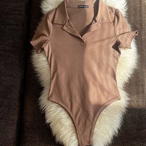 Shein Brown Collared Ribbed Bodysuit